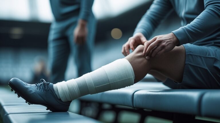 Cận cảnh chân cầu thủ được băng bó y tế và chườm đá lạnh trên băng ghế dự bị, bác sĩ đội hỗ trợ phía sau mờ nhòe, tông màu điềm tĩnh